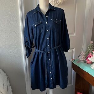 MPH Collection Crystal Emb Denim Shirt Dress Blue Button-Up Belt Pockets NWOT XL